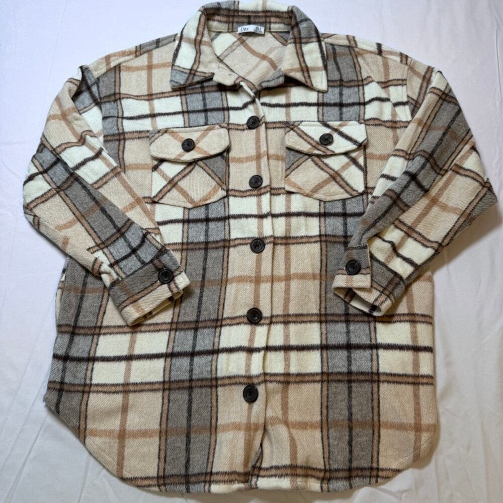 Dex Plaid Shacket Womens M Beige Gray Oversized Button Shirt Jacket Pockets